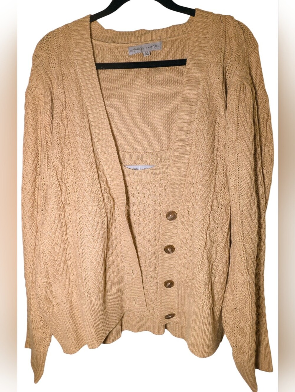 NWOT Absolutely Famous Cable Knit Cardigan Tank Set 2X Tan Beige Twinset
